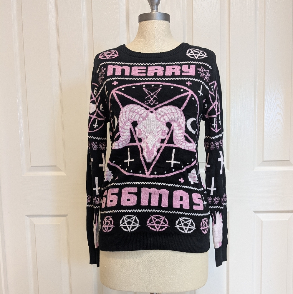Too Fast women's pink pentagram 666mas Goth Christmas sweater S